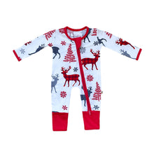 Load image into Gallery viewer, Baby 2pc Holiday Gift Set: Bamboo Solid Cherry Red &amp; Reindeer Convertible Rompers