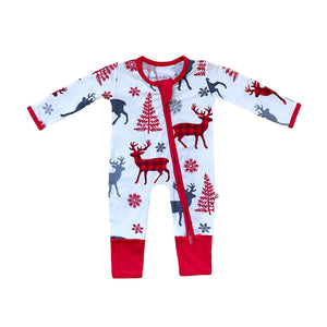 Baby 2pc Holiday Gift Set: Bamboo Solid Cherry Red & Reindeer Convertible Rompers