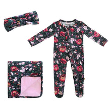 Load image into Gallery viewer, Baby 3pc Gift Set: Valerie Ruffle Footie, Kataa Blanket and Headband