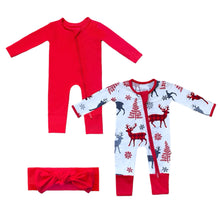 Load image into Gallery viewer, Baby 3pc Holiday Gift Set: Bamboo Solid Cherry Red &amp; Reindeer Rompers w/ Headband