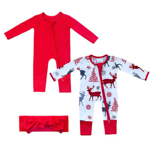 Baby 3pc Holiday Gift Set: Bamboo Solid Cherry Red & Reindeer Rompers w/ Headband