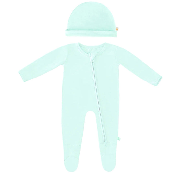 Bamboo Solid Footed Zippered Onesie & Baby Beanie Cap Set in Pastel Mint Ice