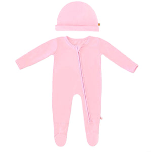 Bamboo Solid Footed Zippered Onesie & Baby Beanie Cap Set in Pastel Pink