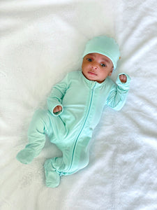 SAMPLE SALE Bamboo Solid Footed Zippered Onesie in Pastel Mint Ice