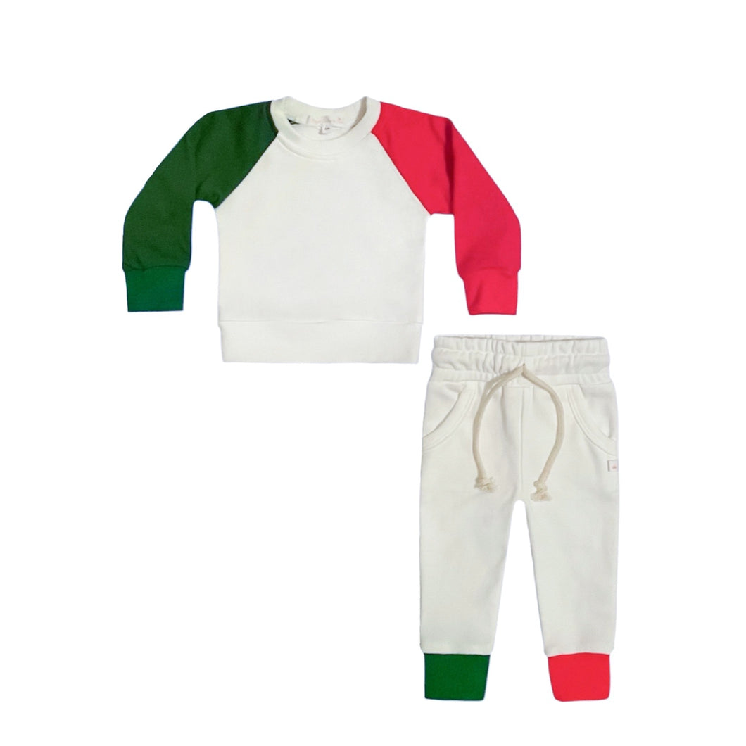 Colorblock Crewneck Terry Jogger Pant Set in White Red & Green