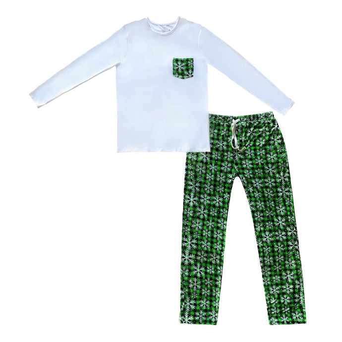 Green Buffalo Plaid Snowflake Family Matching Men's Adult Pajamas