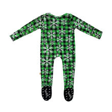 Load image into Gallery viewer, Green Buffalo Plaid Snowflake Family Matching Zip Footie