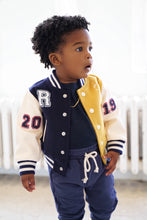 Load image into Gallery viewer, Signature Varsity Letterman Jacket in Navy/Mustard Combo
