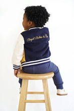 Load image into Gallery viewer, Signature Varsity Letterman Jacket in Navy/Mustard Combo