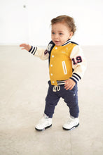 Load image into Gallery viewer, Signature Varsity Letterman Jacket in Navy/Mustard Combo