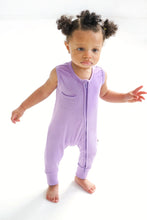 Load image into Gallery viewer, SAMPLE SALE Sleeveless Footless Zip Romper in Lavender
