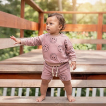 Load image into Gallery viewer, Smiling Faces Crewneck Terry Shorts Sweatsuit Set in Lavender