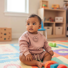 Load image into Gallery viewer, Smiling Faces Crewneck Terry Shorts Sweatsuit Set in Lavender