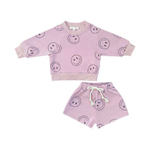 Load image into Gallery viewer, Smiling Faces Crewneck Terry Shorts Sweatsuit Set in Lavender