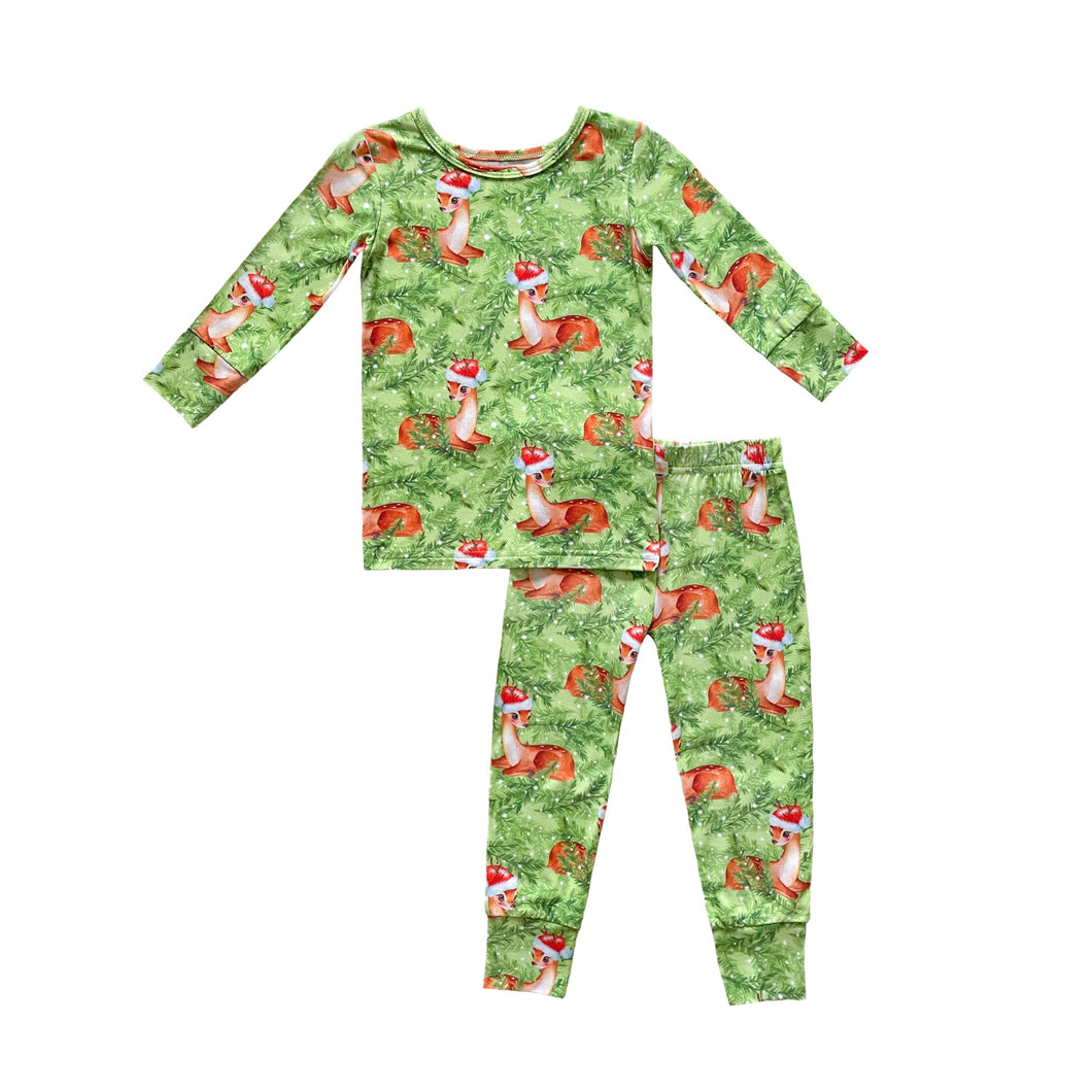 Snow Fir Tree Christmas Holiday Fawn Reindeer 2pc Pant Set