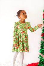 Load image into Gallery viewer, Snow Fir Tree Christmas Holiday Fawn Reindeer Long Sleeve Ruffled Girls Dress