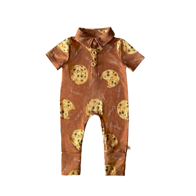 Choco Chip Cookie Short Sleeve Collared Bamboo Footless Romper