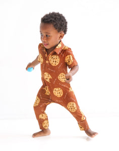 Choco Chip Cookie Short Sleeve Collared Bamboo Footless Romper