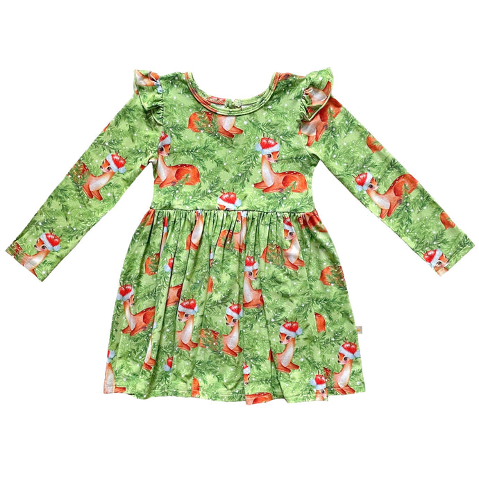 Fawns Through The Snow Long Sleeve Ruffled Bamboo Toddler Twirl Dress