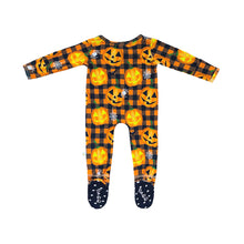 Load image into Gallery viewer, SAMPLE SALE Jack-O'-Lantern Halloween Bamboo Zippered Footed Onesie