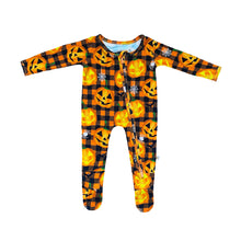 Load image into Gallery viewer, SAMPLE SALE Jack-O'-Lantern Halloween Bamboo Zippered Footed Onesie