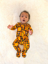 Load image into Gallery viewer, Jack-O&#39;-Lantern Halloween Bamboo Zippered Footed Onesie