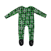 Load image into Gallery viewer, SAMPLE SALE Pine Lumber Snowflake Bamboo Zippered Footed Onesie
