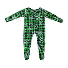 Load image into Gallery viewer, SAMPLE SALE Pine Lumber Snowflake Bamboo Zippered Footed Onesie