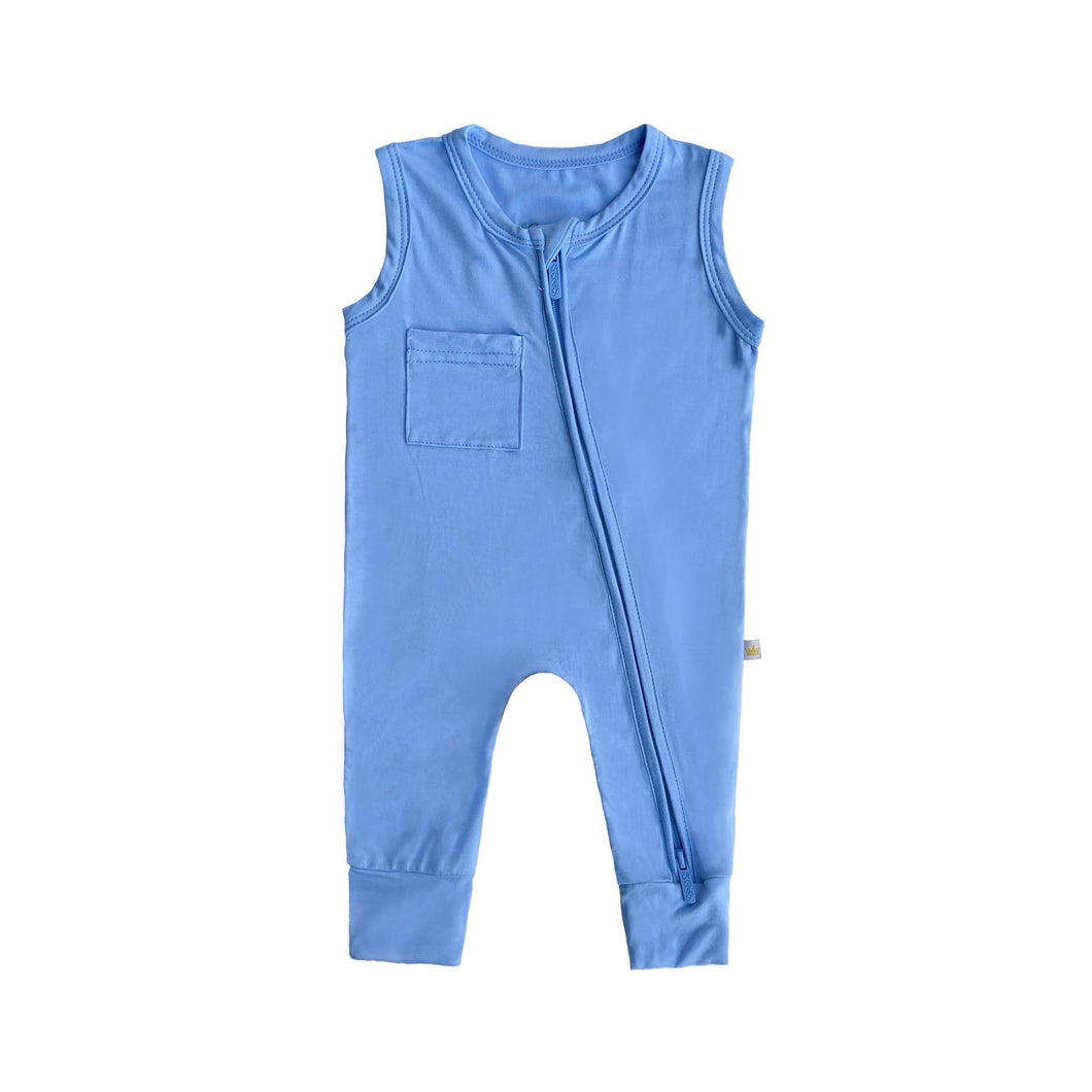 SAMPLE SALE Sleeveless Footless Zip Romper in Summer Blue